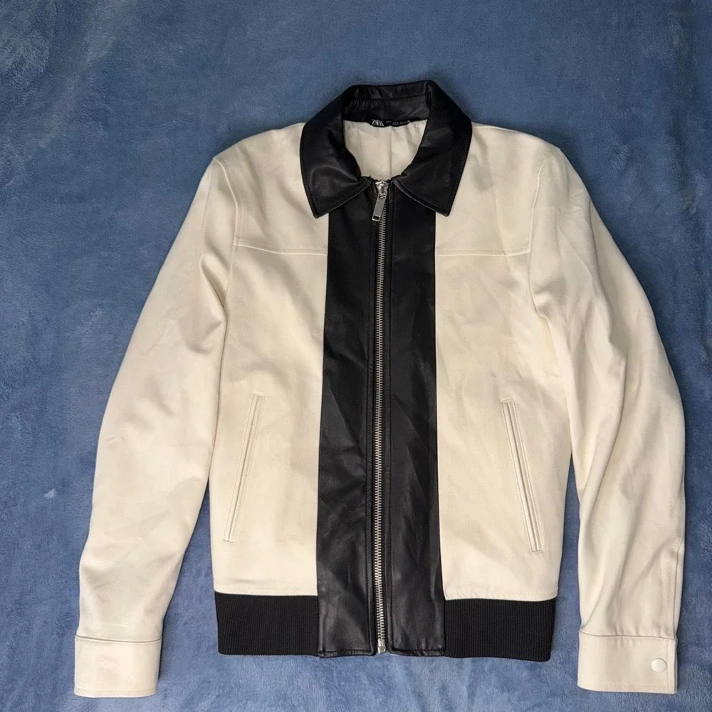 Zara Men's Black & Cream Faux Leather Bomber Jacket